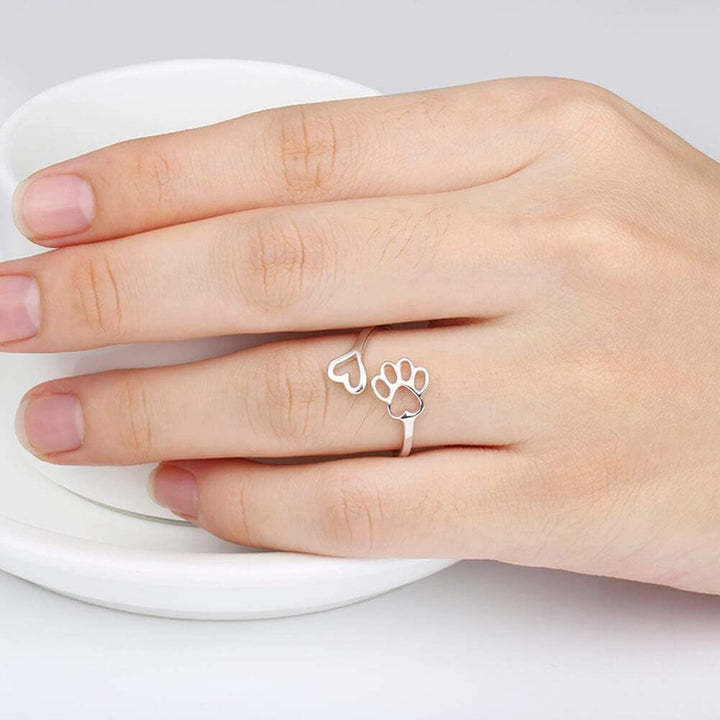 Sterling Silver Adjustable Ring Emer with Paw and Heart
