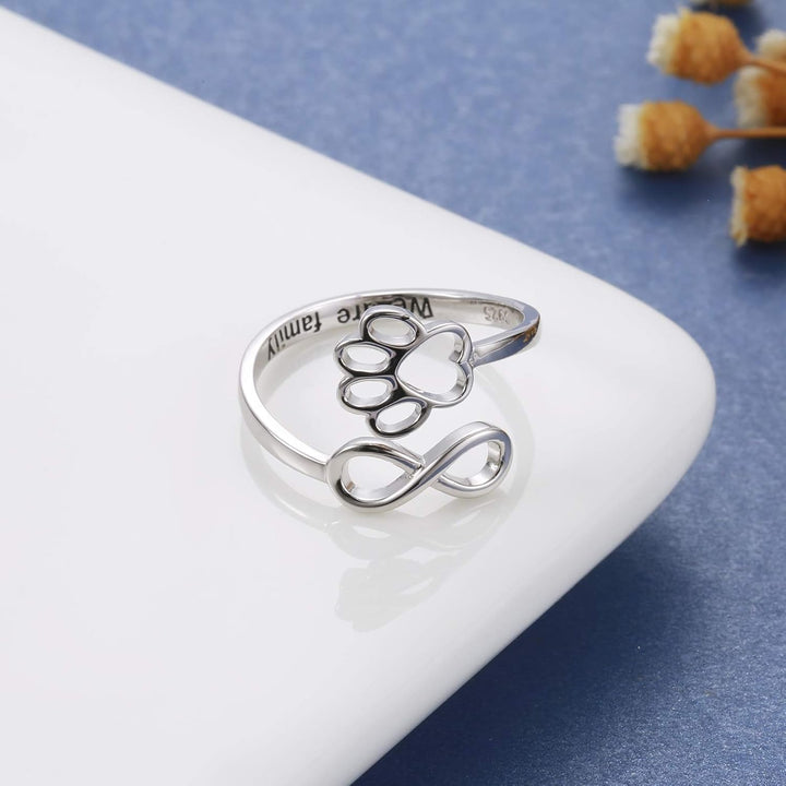 Sterling Silver Adjustable Ring Emer with Paw and Heart