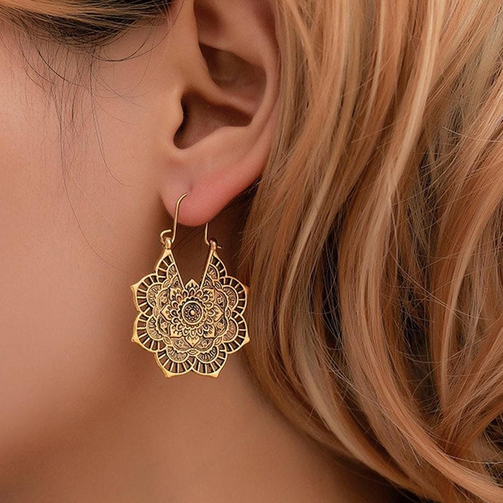 Gold Drop Earrings Adare with Lotus Mandala