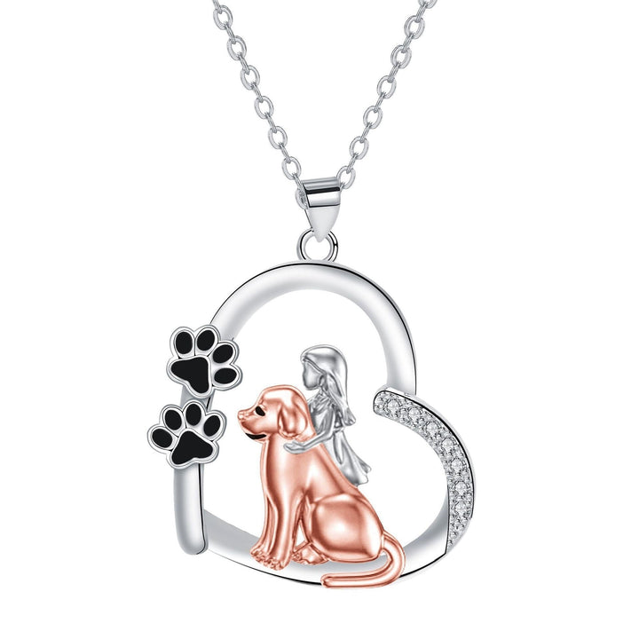 Silver Necklace with Rose Gold Dog, Girl and Paw Prints