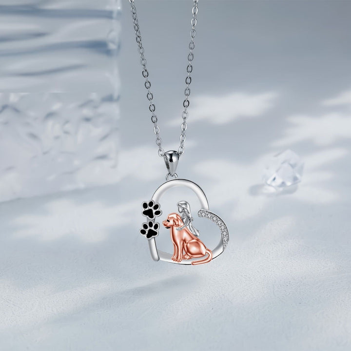 Silver Necklace with Rose Gold Dog, Girl and Paw Prints