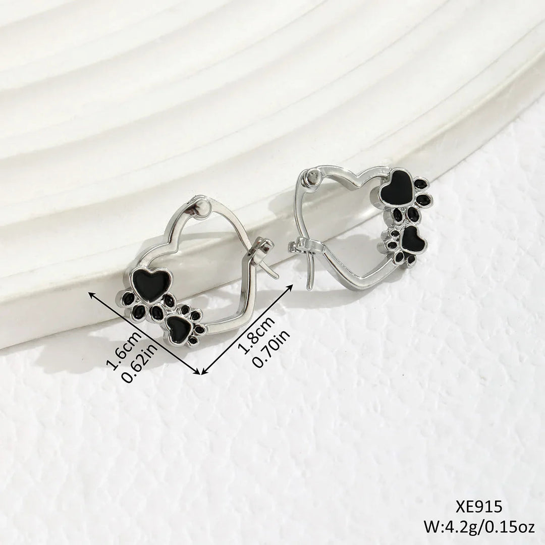 Silver Huggie Earrings Bríd with Black Paw and Heart