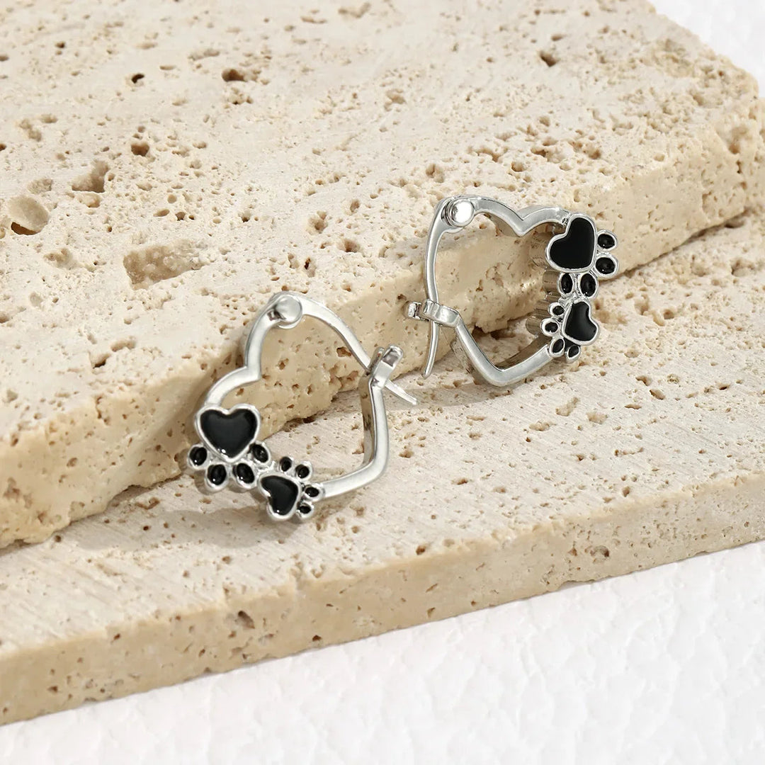 Silver Huggie Earrings Bríd with Black Paw and Heart