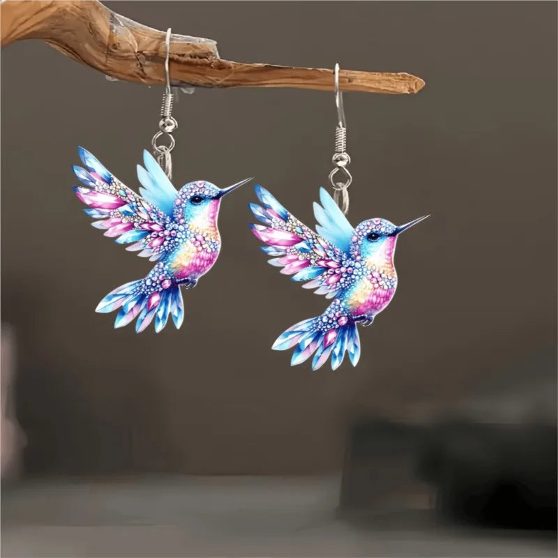 Silver Drop Earrings Emer with Hummingbird