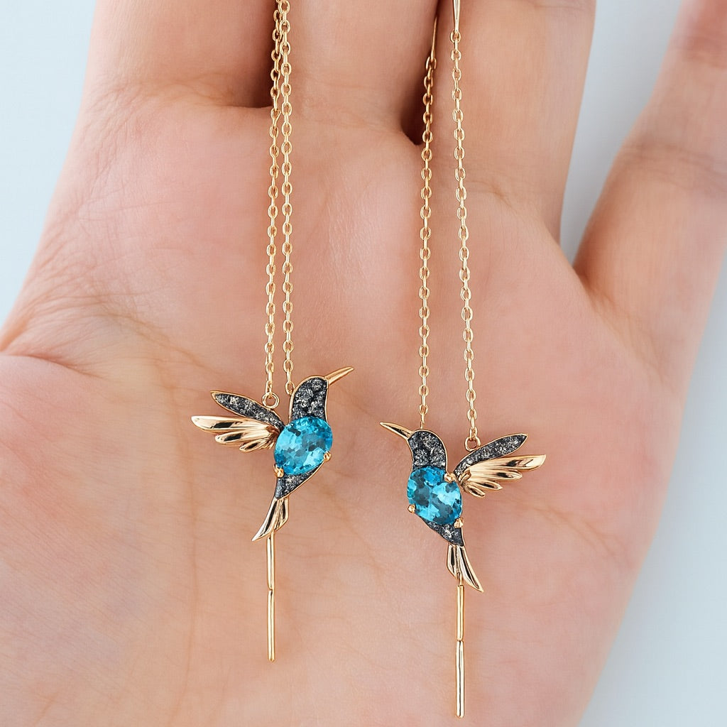 Gold Threader Earrings Emer with Hummingbird Motif