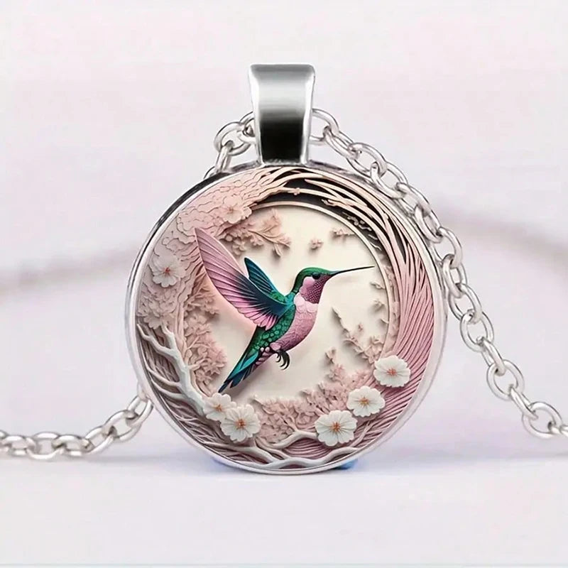 Silver Necklace Maeve with Hummingbird Glass Cabochon