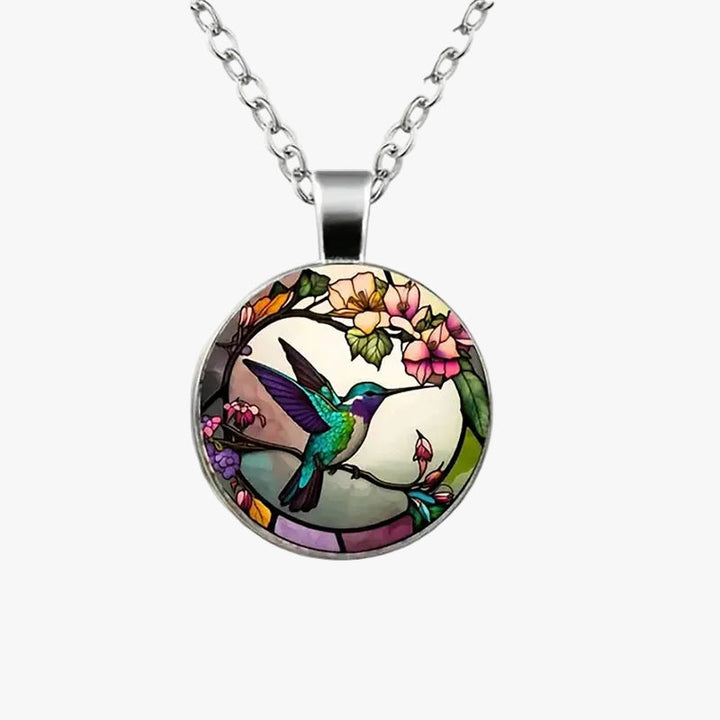 Silver Necklace Maeve with Hummingbird Glass Cabochon
