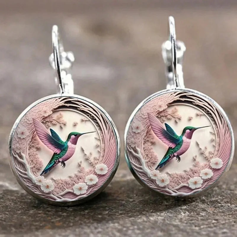 Silver Necklace Maeve with Hummingbird Glass Cabochon