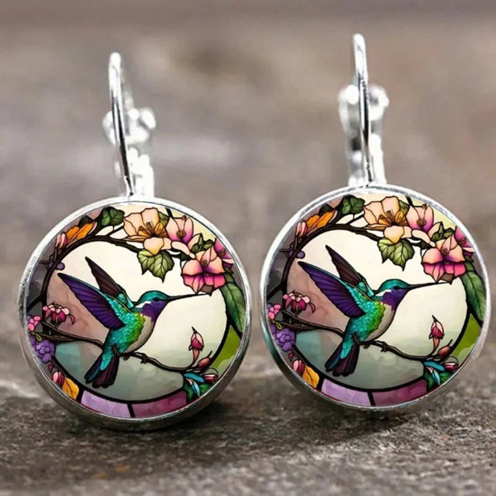 Silver Necklace Maeve with Hummingbird Glass Cabochon