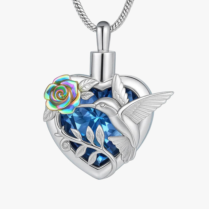 Silver Locket Necklace with Hummingbird and Sapphire Heart