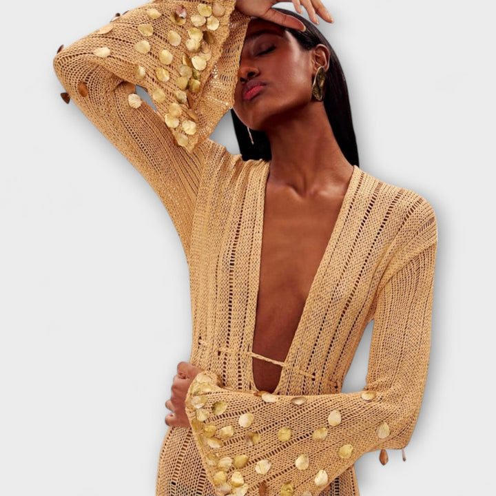 Nova - Goldenes Strick-Maxikleid mit Pailletten