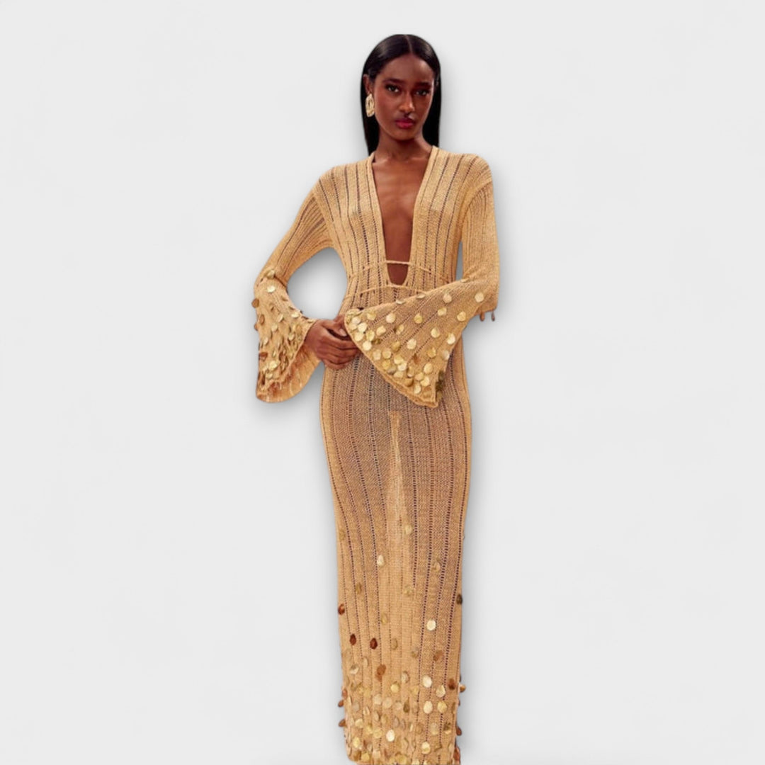Nova - Goldenes Strick-Maxikleid mit Pailletten