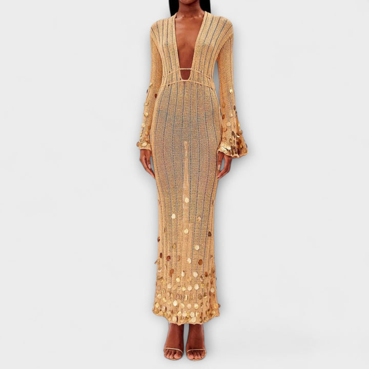 Nova - Goldenes Strick-Maxikleid mit Pailletten