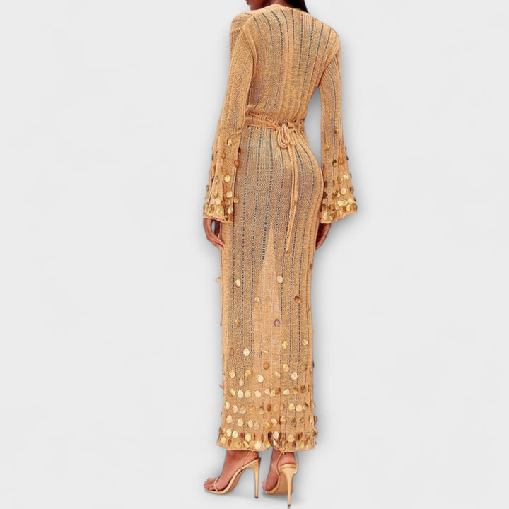 Nova - Goldenes Strick-Maxikleid mit Pailletten