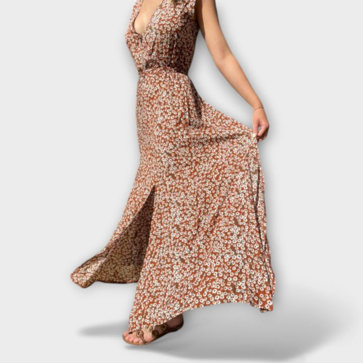 Serephina - Beiges Boho-Maxikleid mit Print