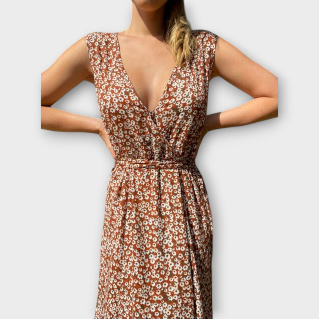 Serephina - Beiges Boho-Maxikleid mit Print