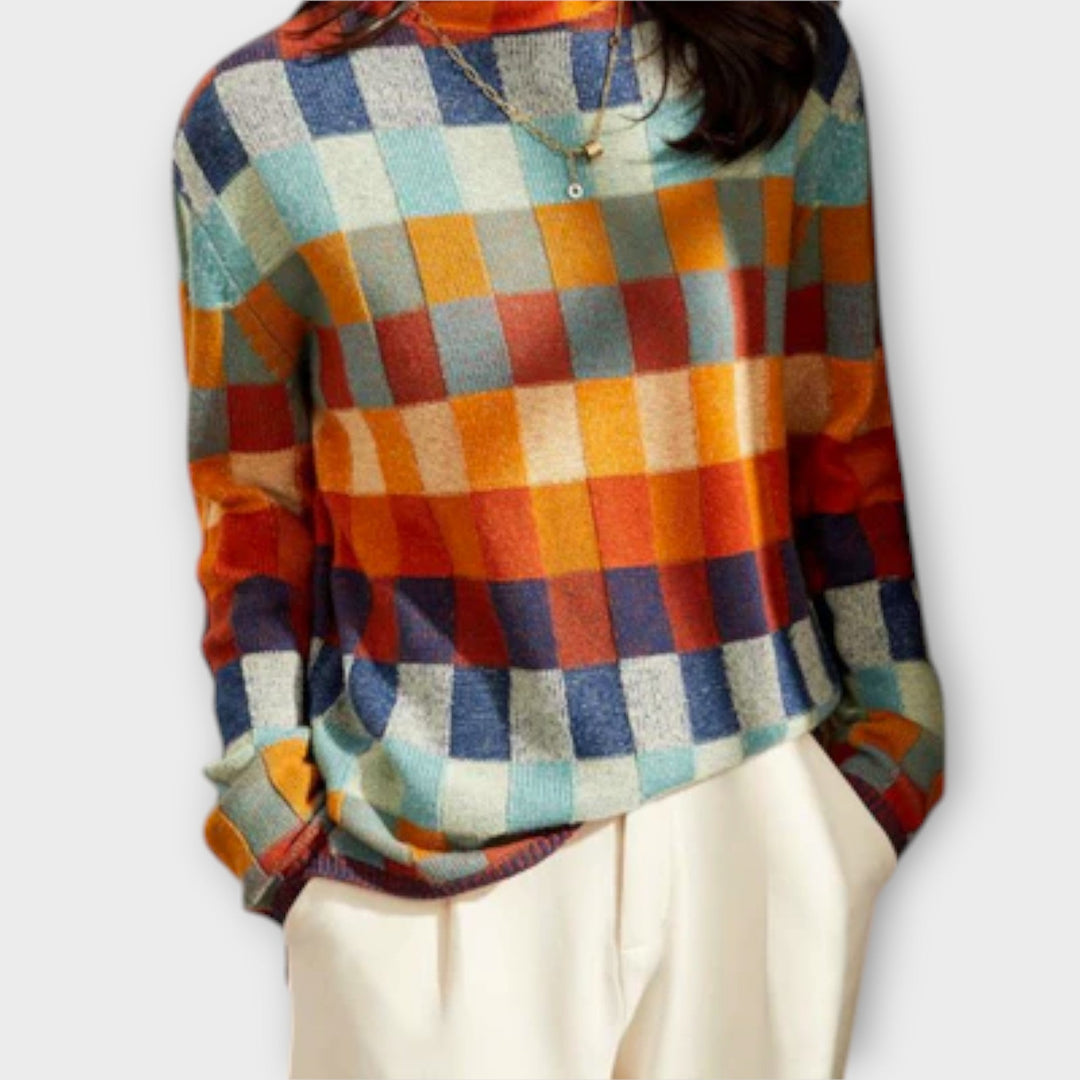 Erika - Bunter Patchwork-Rollkragenpullover mit Karomuster