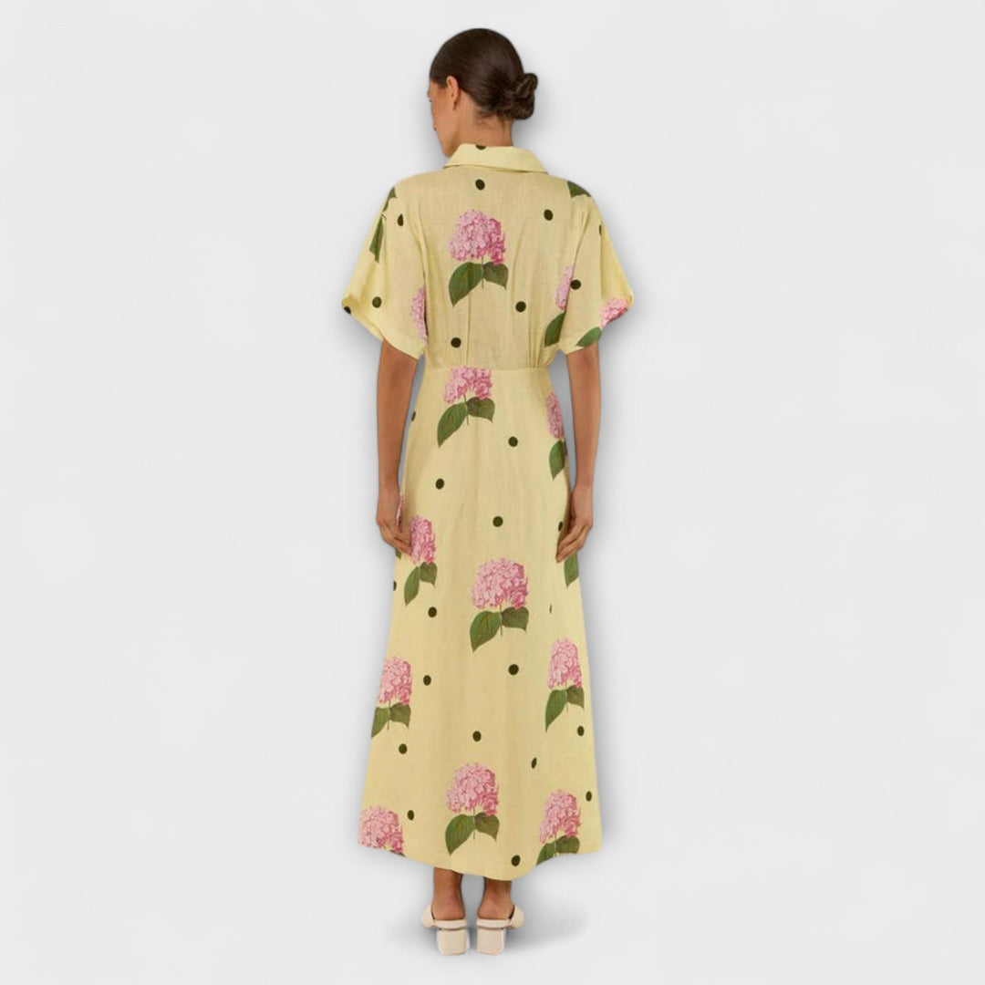 Liselotte - Hellgelbes Langes Kleid mit Hortensienmuster