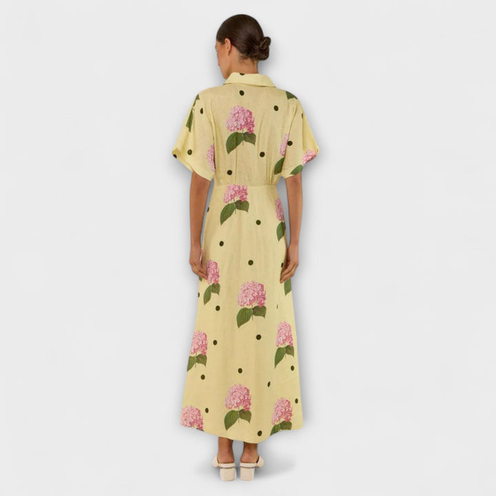 Liselotte - Hellgelbes Langes Kleid mit Hortensienmuster