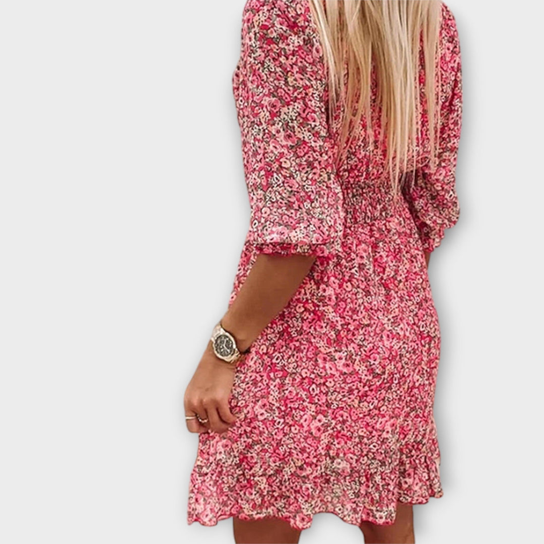 Pinkes Puffärmelkleid mit Blütenmuster
