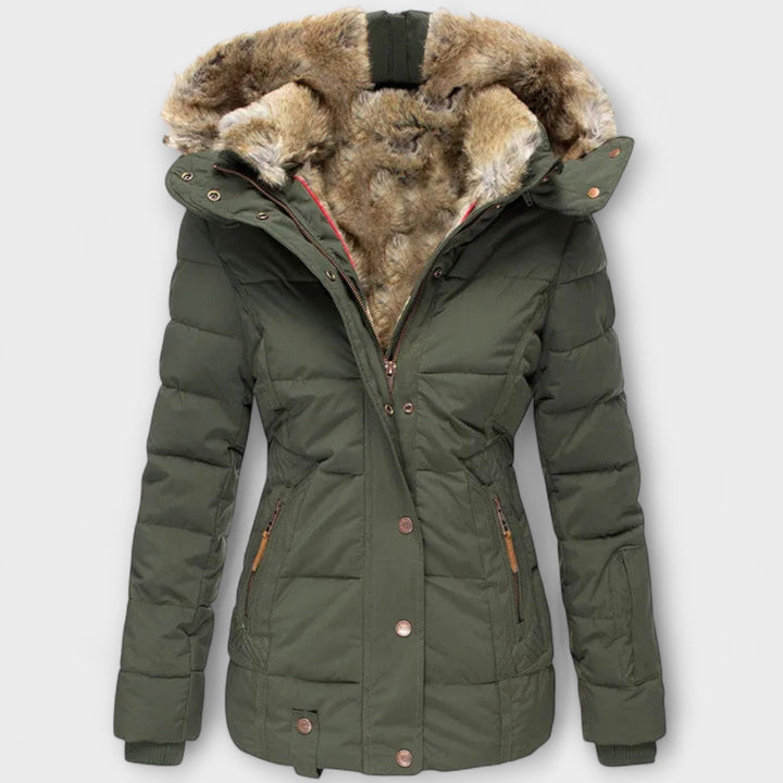 Tiana - Schwarze elegante Damenjacke mit Fellkapuze