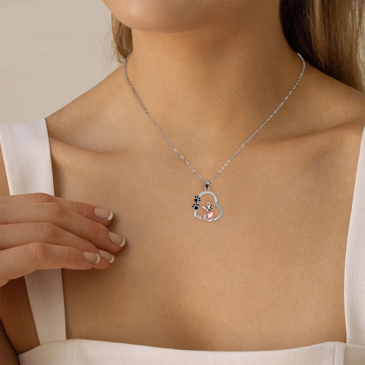 Silver Necklace with Rose Gold Dog and Paw Prints