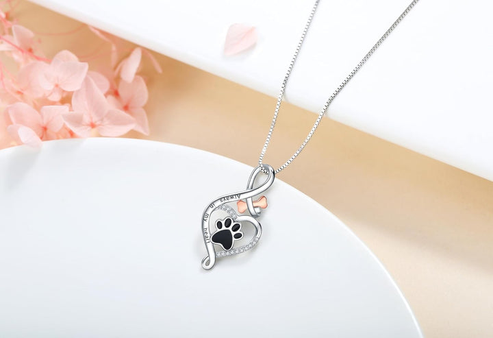 Silver Necklace with Paw Print, Heart and Rose Gold Bone