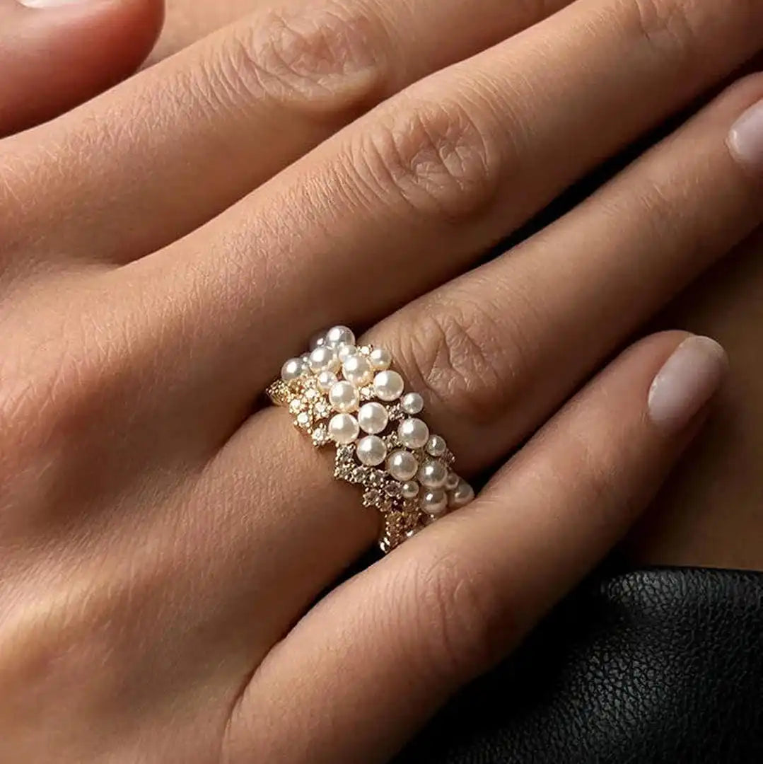 Gold Adjustable Ring Gobnait with Pearls and Zircon