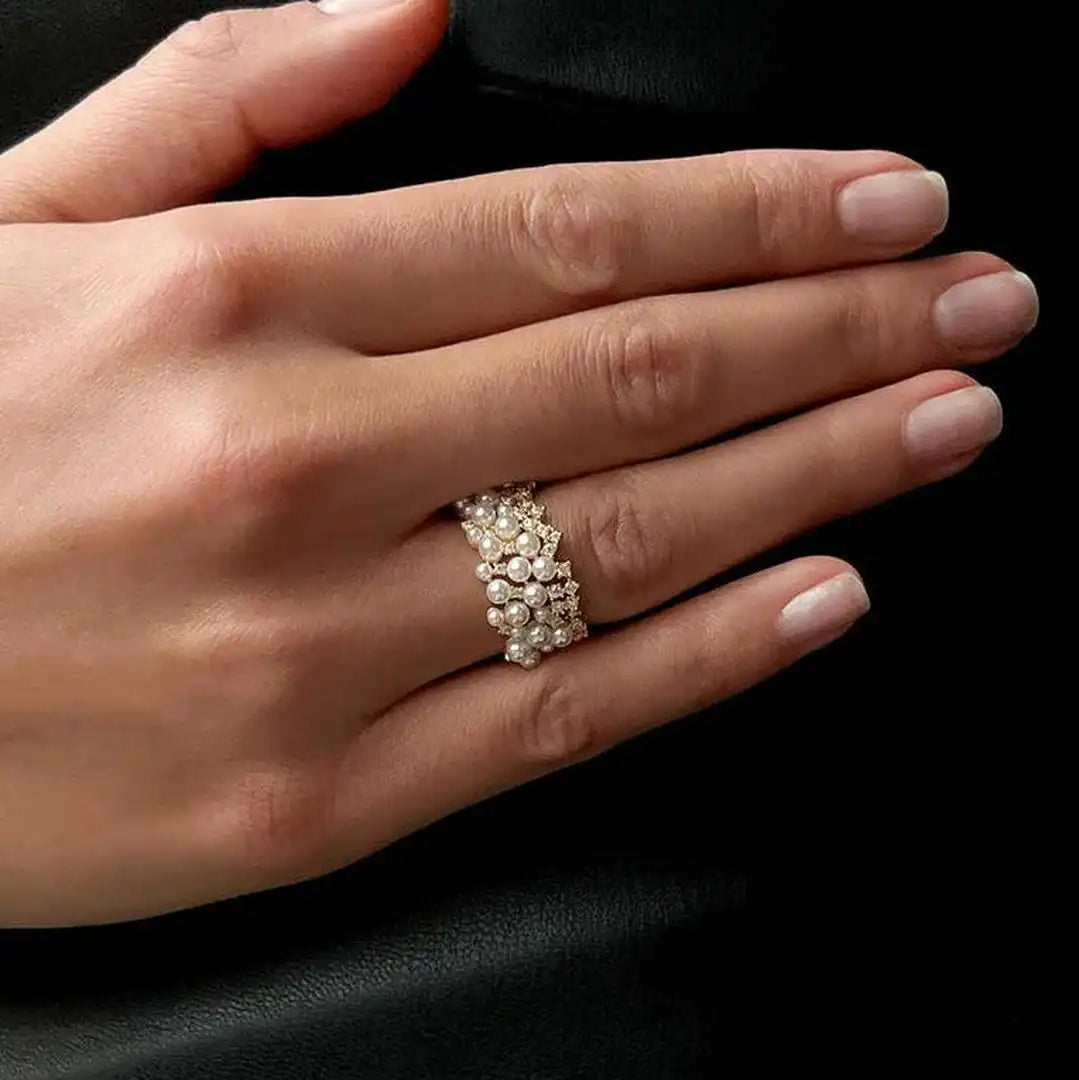 Gold Adjustable Ring Gobnait with Pearls and Zircon