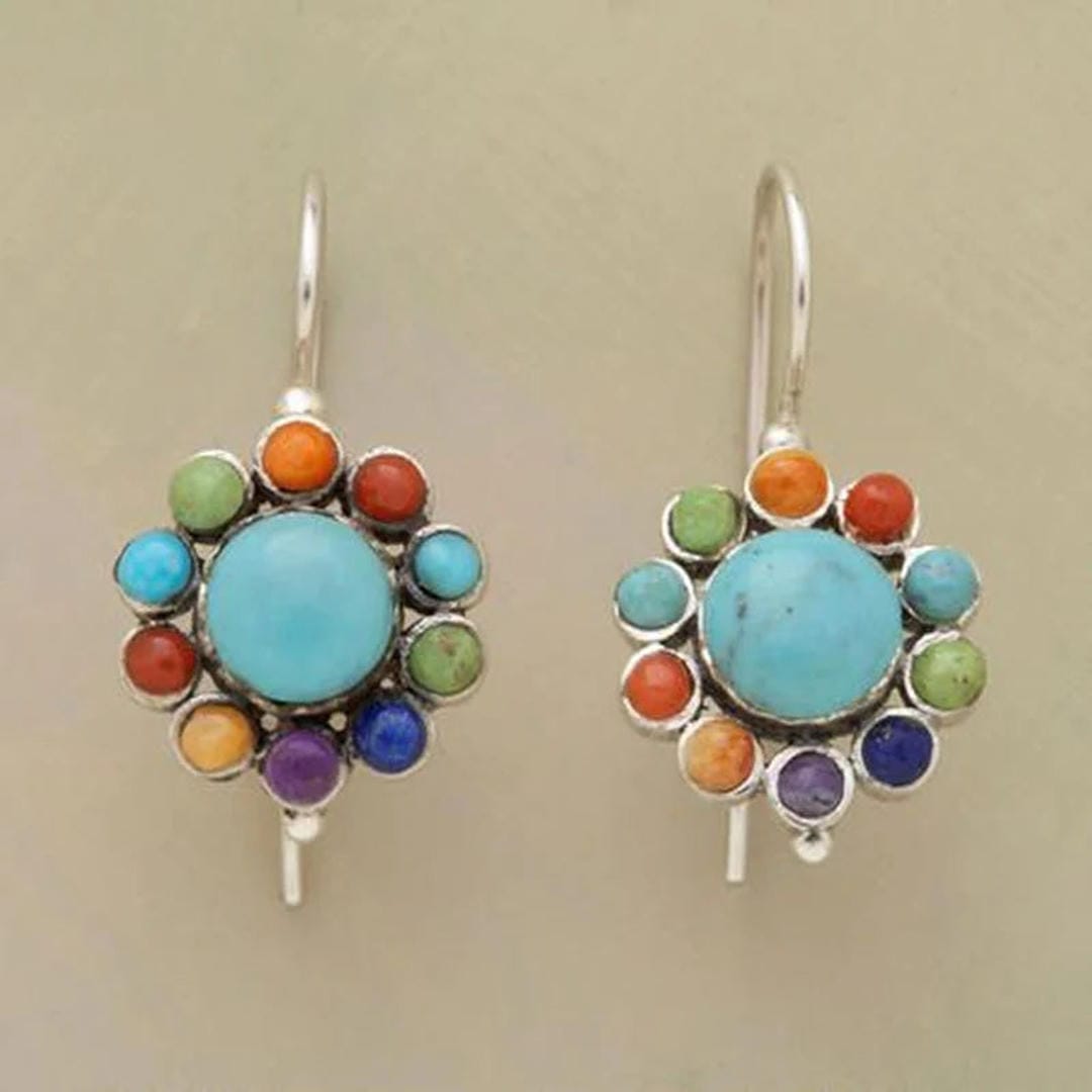 Silver Drop Earrings with Turquoise and Multicolour Stones