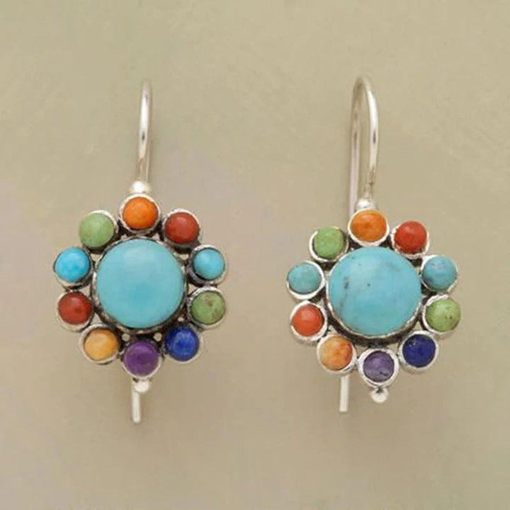 Silver Drop Earrings with Turquoise and Multicolour Stones