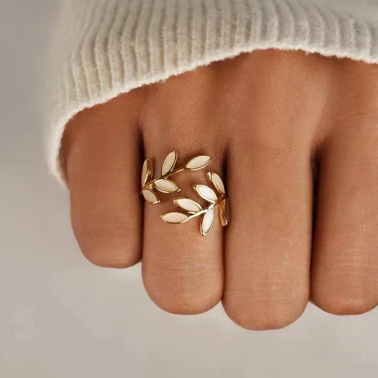 Gold Open Ring Caoimhe with Ivory Leaf Motif