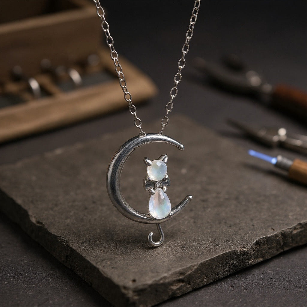 Silver Necklace Eithne with Moonstone Cat on the Moon