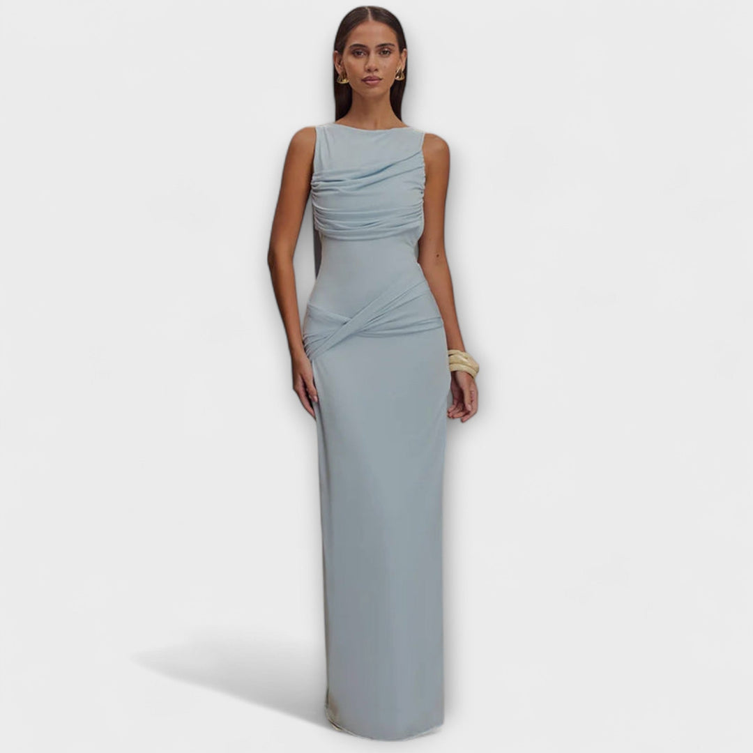 Rieke - Beiges Maxikleid mit hohem Beinschlitz