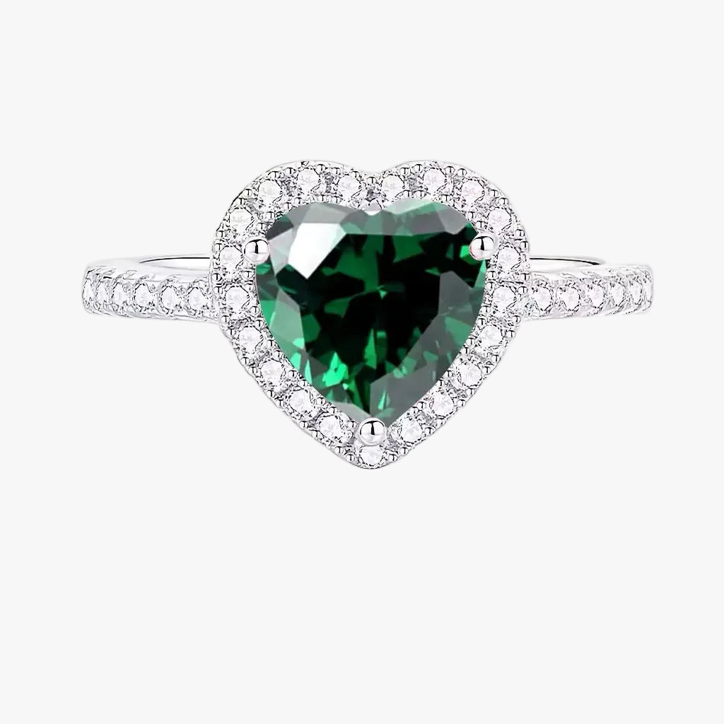 Silver Ring Sinéad with Emerald Heart & Crystal Halo