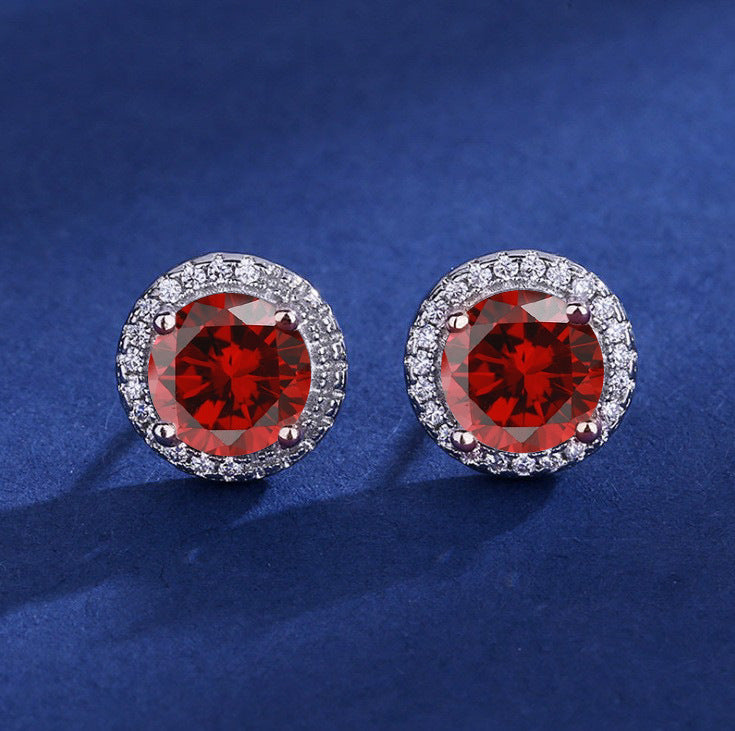 Silver Stud Earrings Deirdre with Ruby Halo