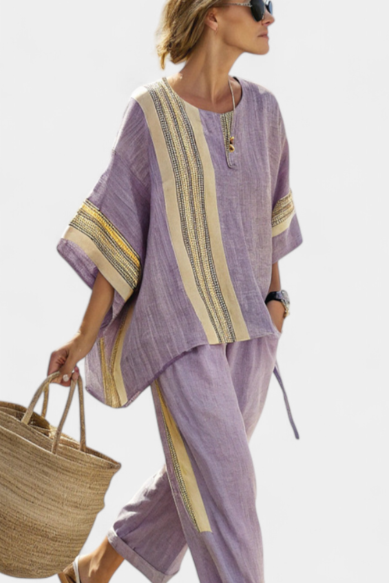 Lorena - Lila Boho-Set aus Leinen und Bambus