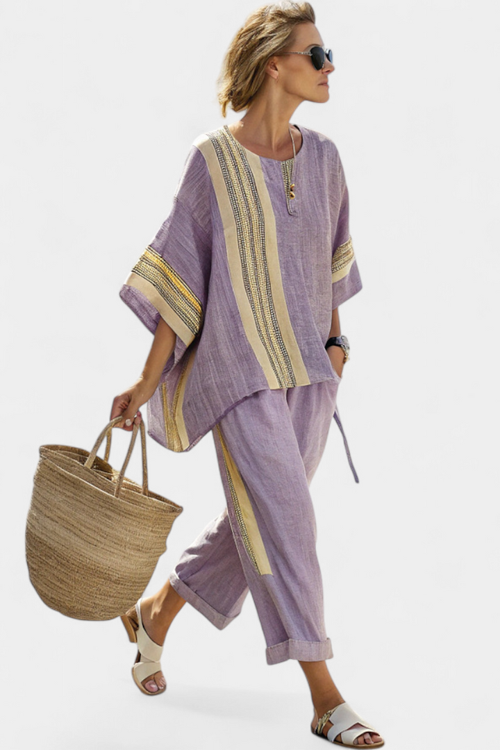 Lorena - Lila Boho-Set aus Leinen und Bambus