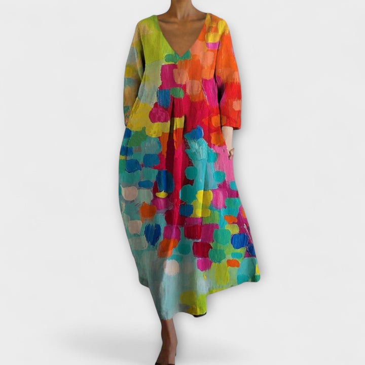 Fiona - Langes farbenfrohes Kleid mit V-Ausschnitt