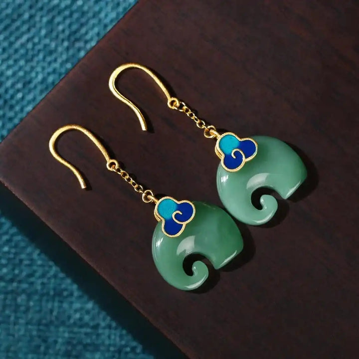 Gold Drop Earrings Clifden with Green Elephant