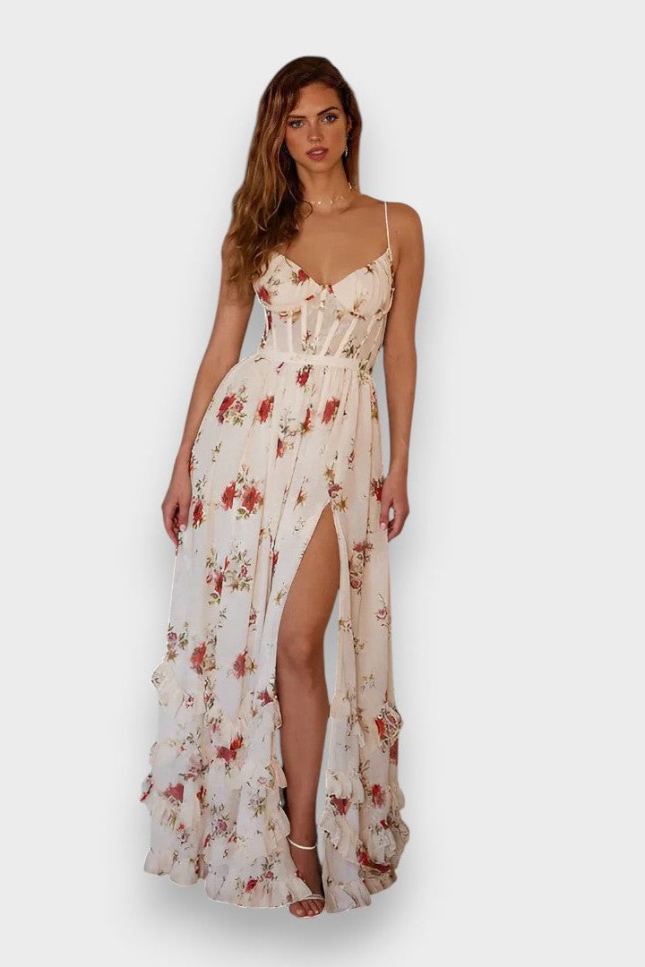 Sónia - Weisses Midikleid mit floralem Muster