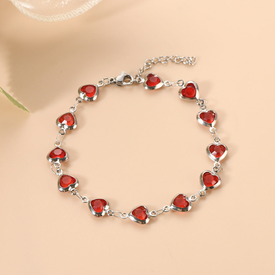 Silver Chain Bracelet Neasa with Ruby Hearts