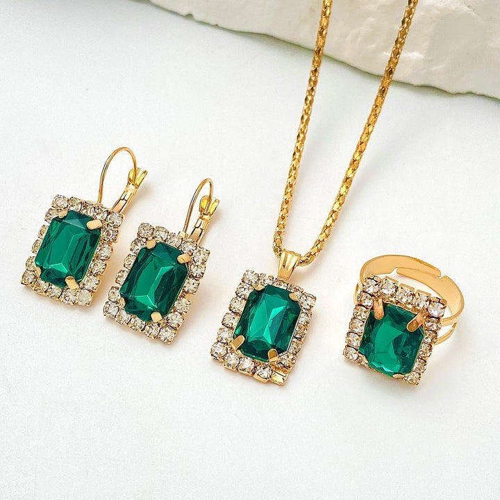 Rose Gold Necklace and Earrings Set with Emerald and Zirconia