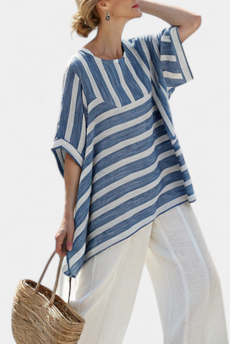 Constança - Blau-weisses mediterranes Leinen-Set mit Streifen