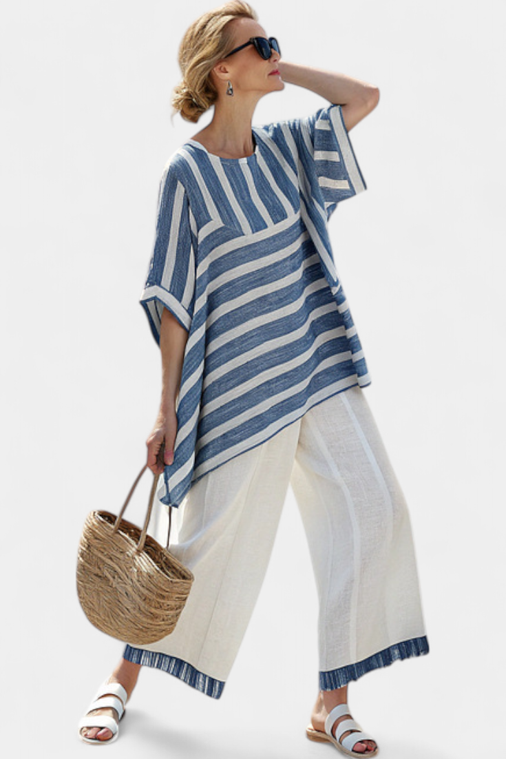 Constança - Blau-weisses mediterranes Leinen-Set mit Streifen