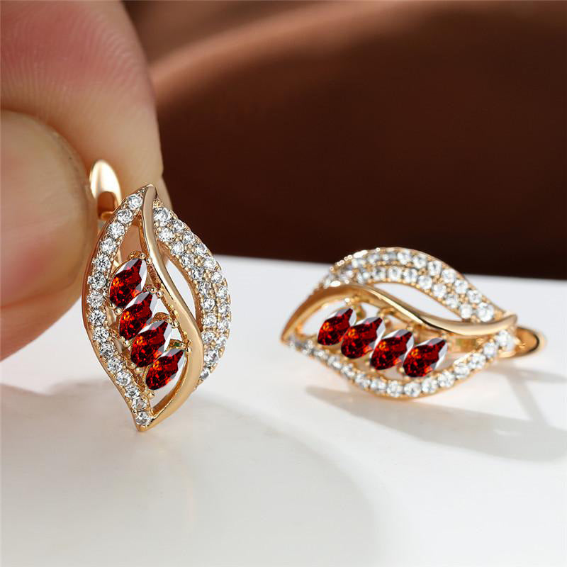 Gold Drop Earrings Ciara with Garnet Leaf Design