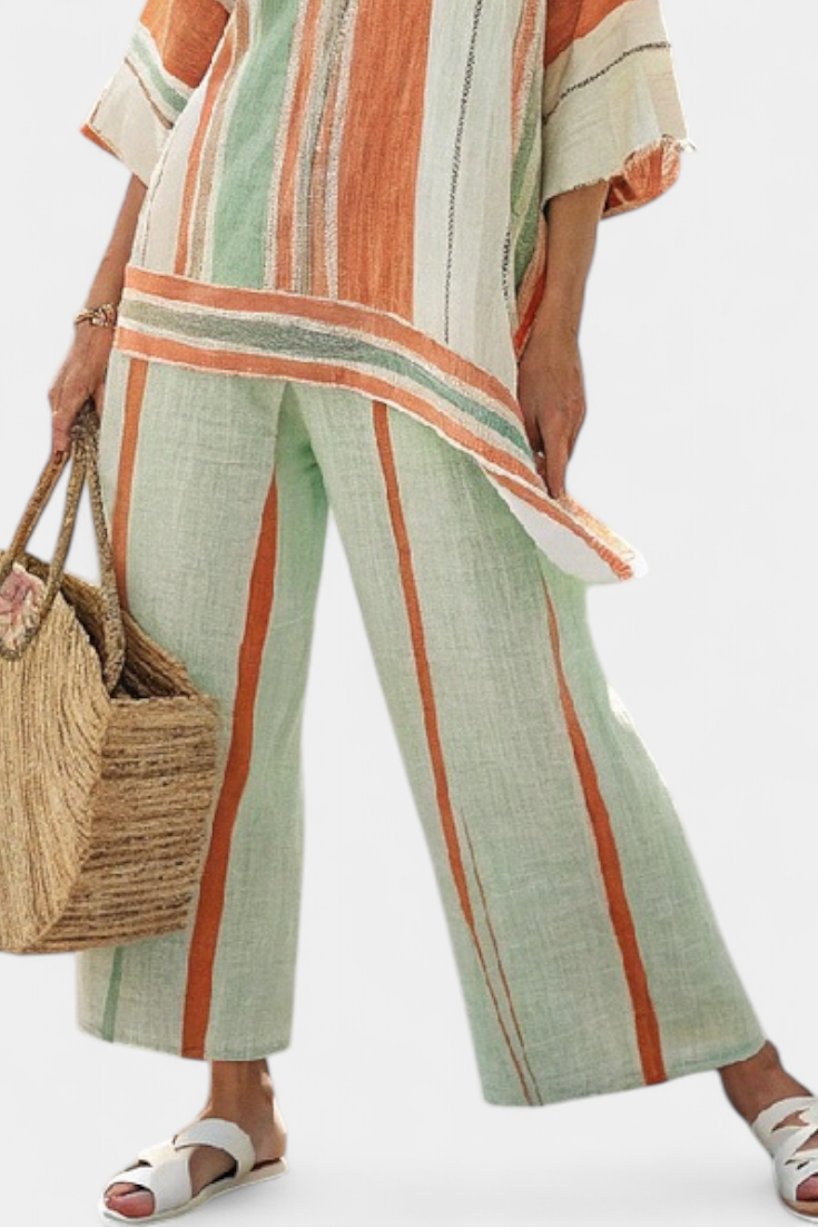 Dalila - Cremefarbenes Leinen-Set mit orangen Streifen