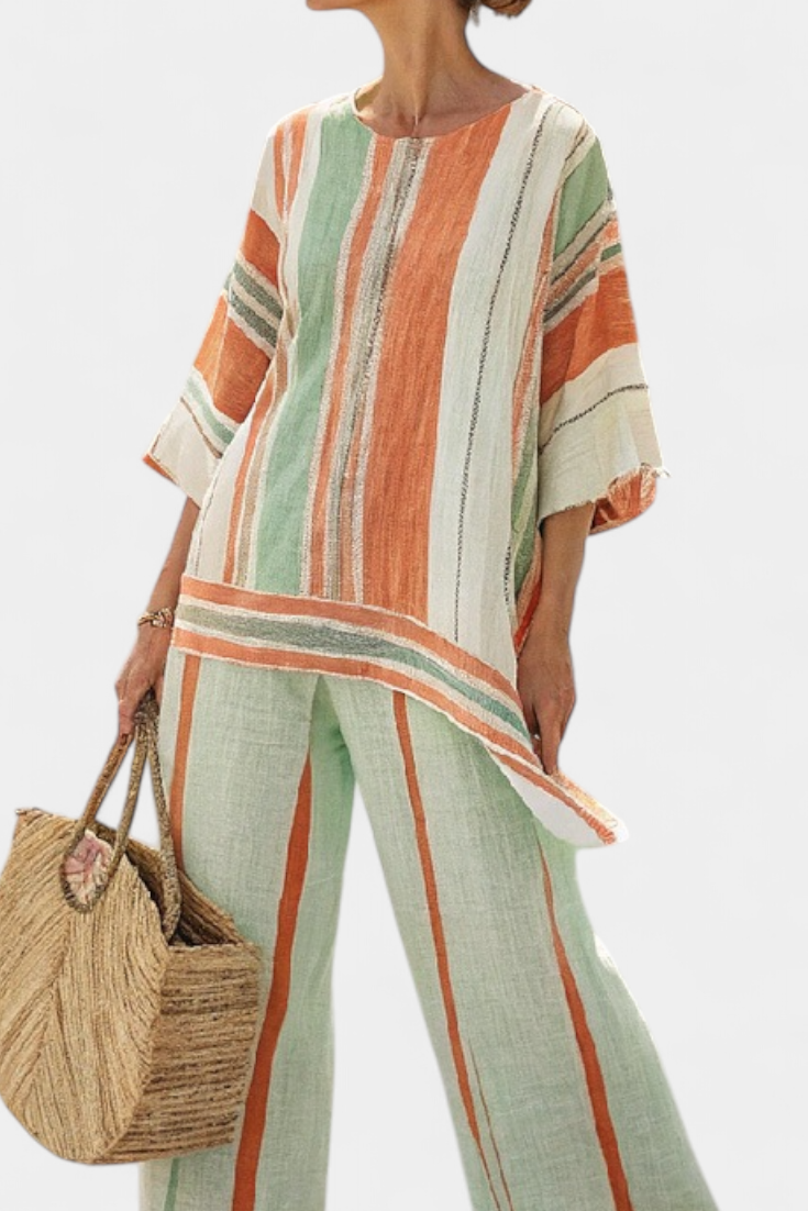 Dalila - Cremefarbenes Leinen-Set mit orangen Streifen