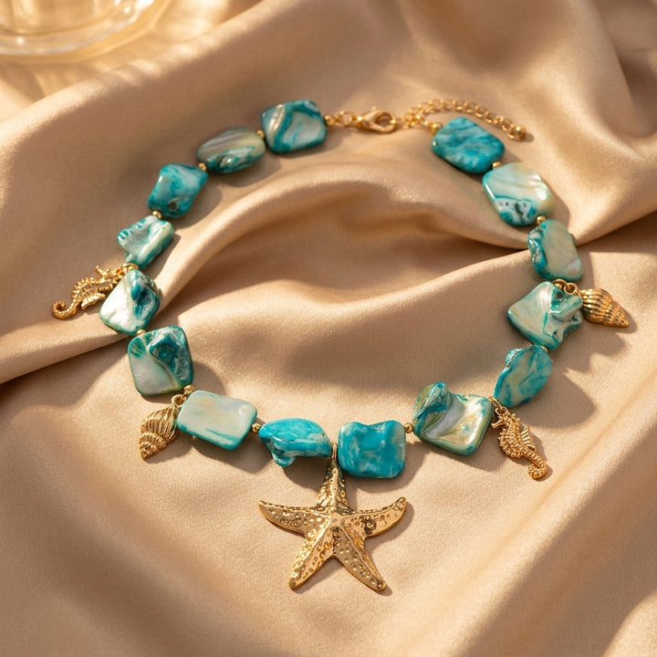 Gold Beaded Necklace Muirne with Turquoise and Starfish
