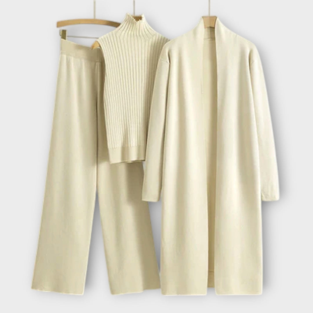 Isabella - Khakifarbenes dreiteiliges Strick-Set